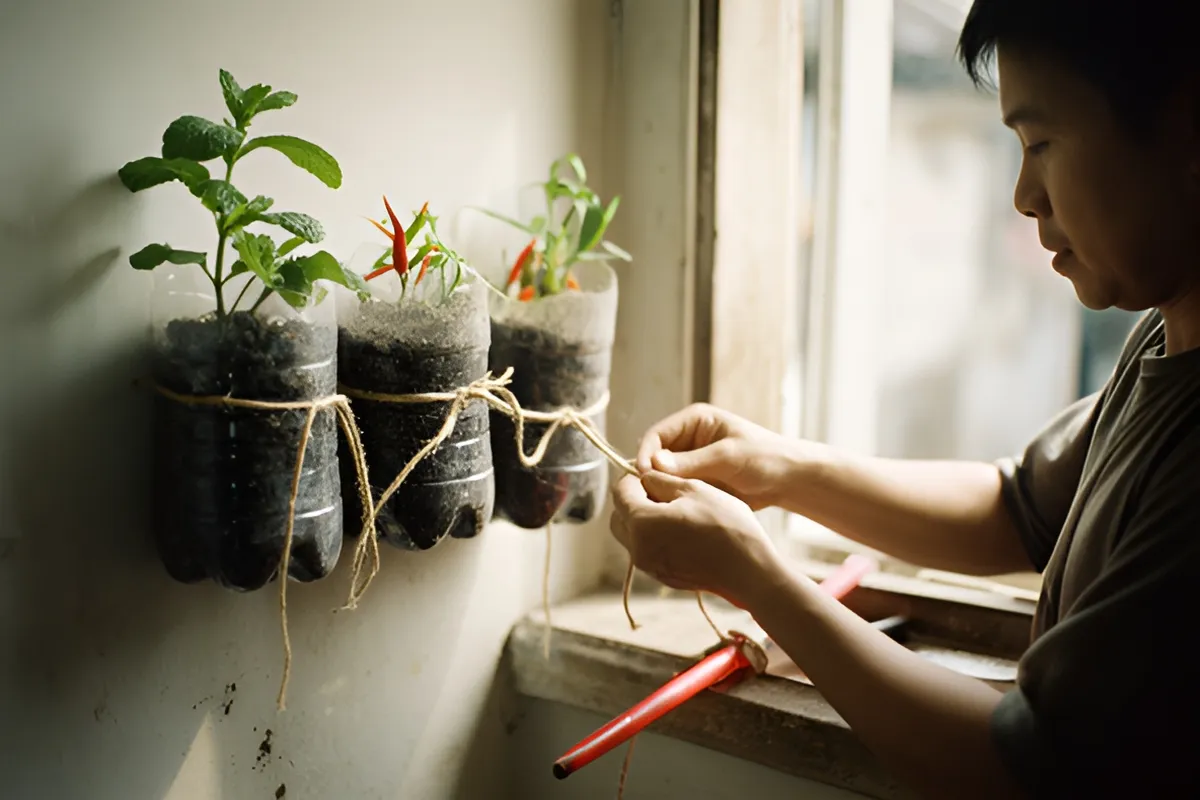 Một người phụ nữ đứng cạnh cửa sổ đang buộc dây vào ba chai nhựa treo trên tường, trong chai trồng cây xanh