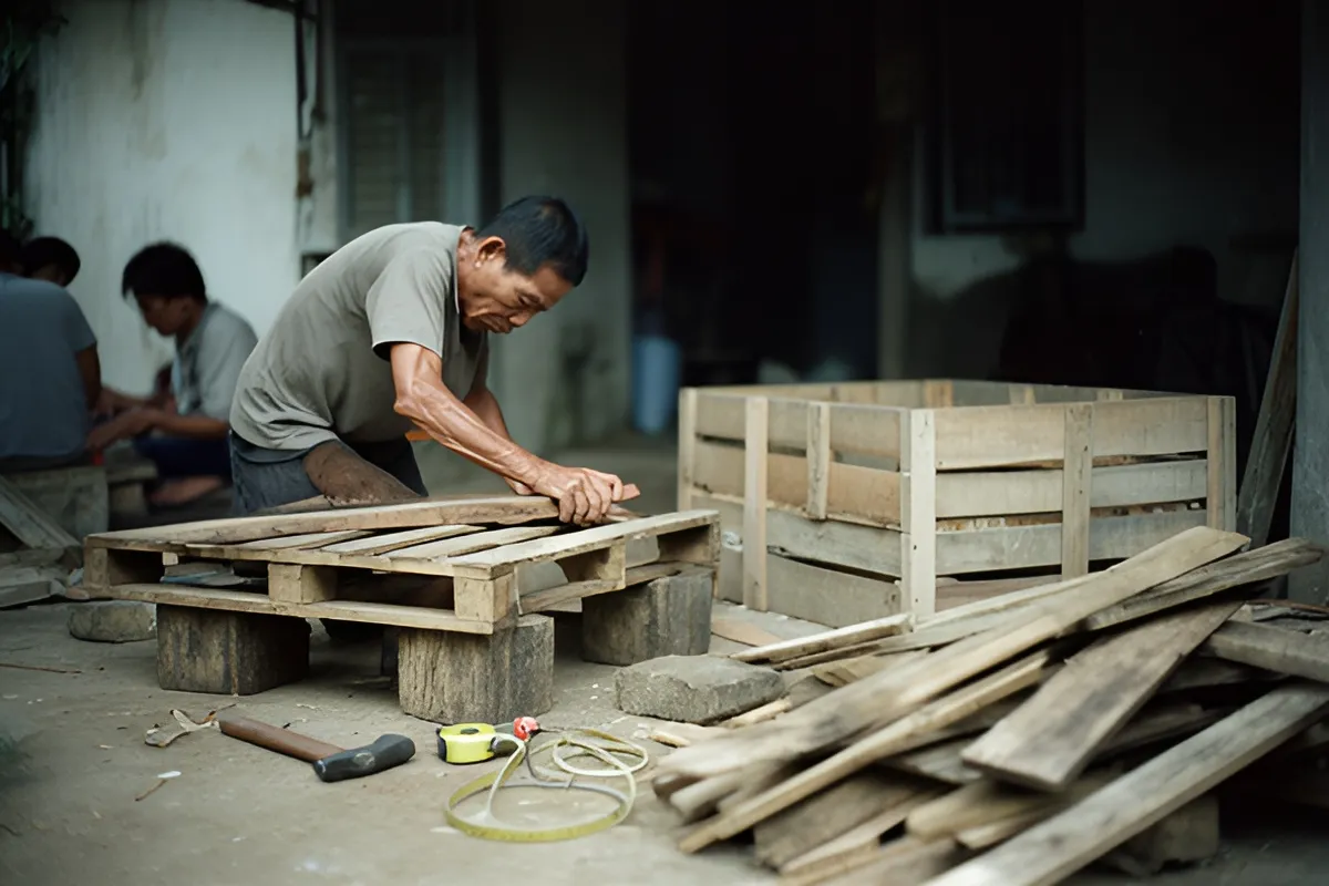 Một người đàn ông đang cúi người làm việc với thùng gỗ trên bệ gỗ, bên cạnh có búa, thước dây và đống ván