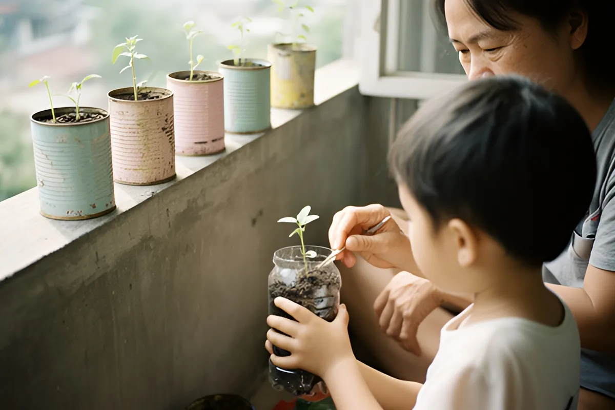 Một người lớn và một đứa trẻ ngồi trên ban công, trẻ ôm chai nhựa cắt mở có đất và cây con