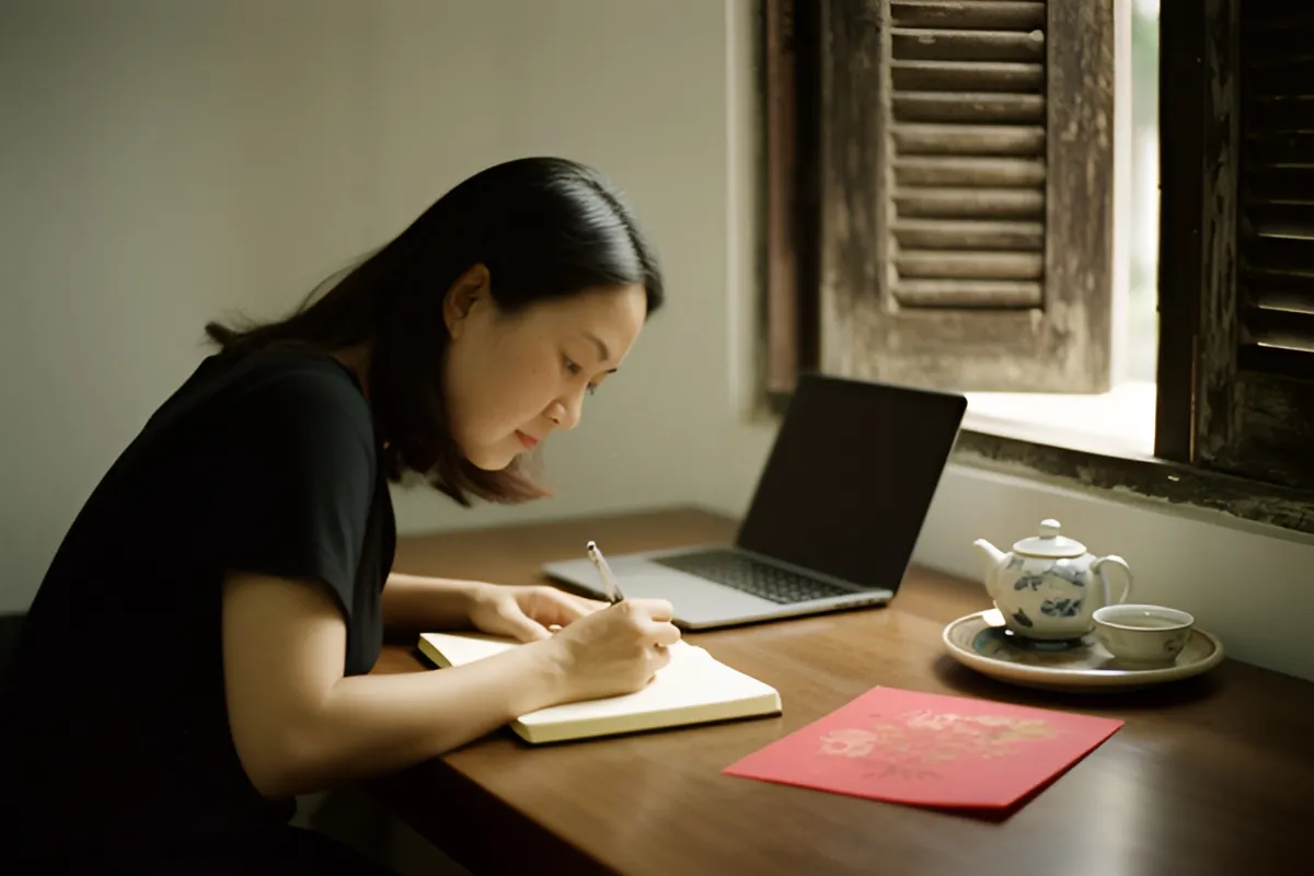 Một người phụ nữ ngồi bên bàn gỗ, cúi đầu viết vào cuốn sổ mở, cạnh đó là laptop, ấm trà và phong bì đỏ