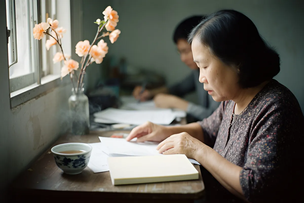 Một phụ nữ trung niên ngồi bên bàn gỗ gần cửa sổ, tay sắp giấy tờ và tập sách, trên bàn có chén trà và bình hoa đào
