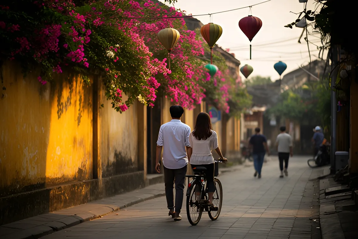 Một cặp nam nữ đi trên con phố nhỏ, người nữ đạp xe còn người nam đi bộ bên cạnh