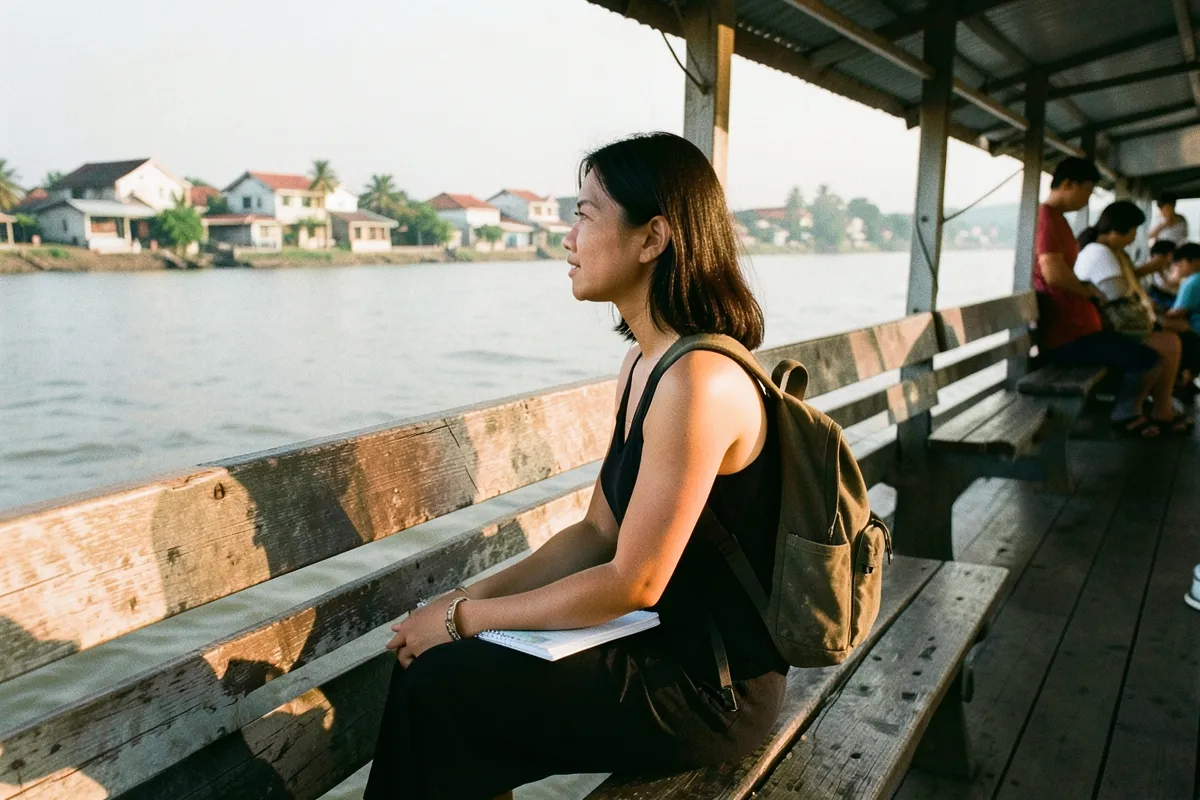Một phụ nữ trẻ ngồi trên ghế gỗ bên sông, đeo ba lô nhỏ, tay đặt lên cuốn sổ, ánh chiều vàng, vài hành khách ngồi xa phía sau