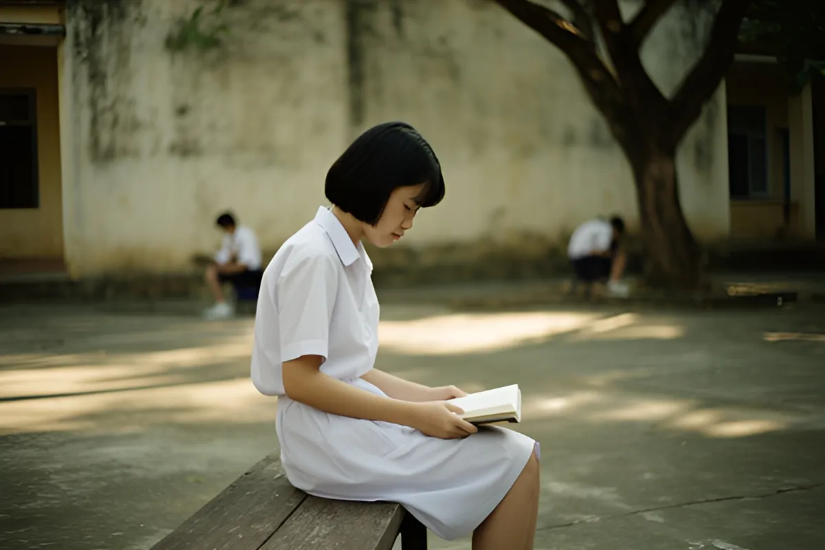 Một nữ sinh áo trắng ngồi trên ghế dài trong sân trường, cúi đầu đọc sách trên đùi, hai người khác mờ ở phía xa