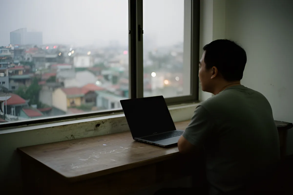 Một người đàn ông ngồi bên bàn gỗ cạnh cửa sổ, trước mặt là laptop mở màn hình tối, nhìn ra mái nhà thành phố trong ánh chiều