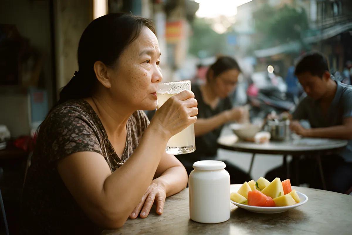 Một phụ nữ ngồi bên bàn quán ven đường, tay cầm ly nước đưa lên miệng, trên bàn có lọ trắng và đĩa trái cây