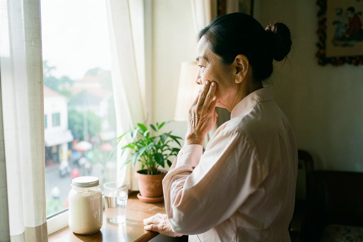 Một phụ nữ trung niên đứng cạnh cửa sổ ban sáng, một tay chạm má nhìn ra ngoài, tay kia tựa bậu cửa; trên bậu có lọ bột