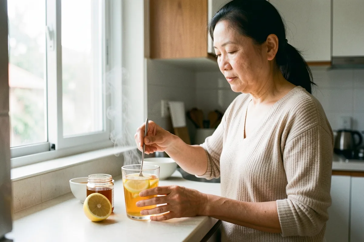 Một phụ nữ đứng bên bàn bếp, tay khuấy ly nước vàng có lát chanh, cạnh đó là nửa quả chanh và hũ mật ong, sáng từ cửa sổ