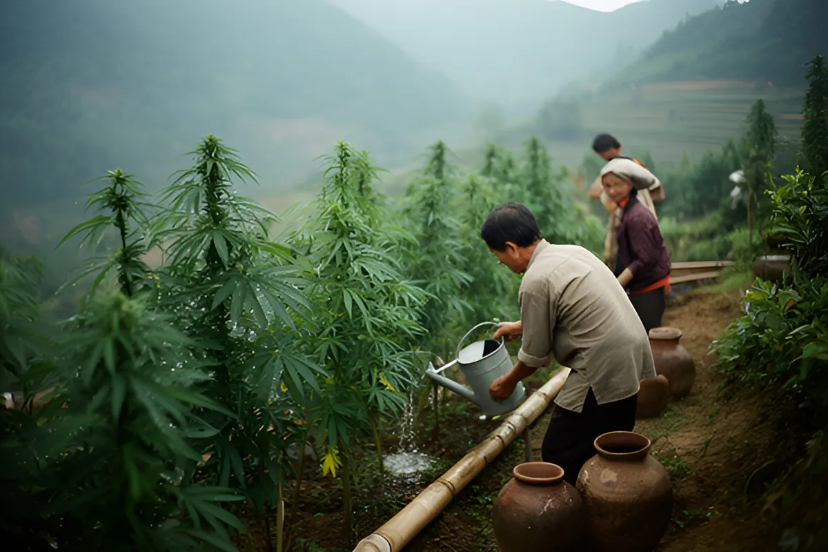 Một người đàn ông cúi mình tưới nước cho hàng cây xanh bằng bình tưới, bên cạnh là ống treo và vài vò đất