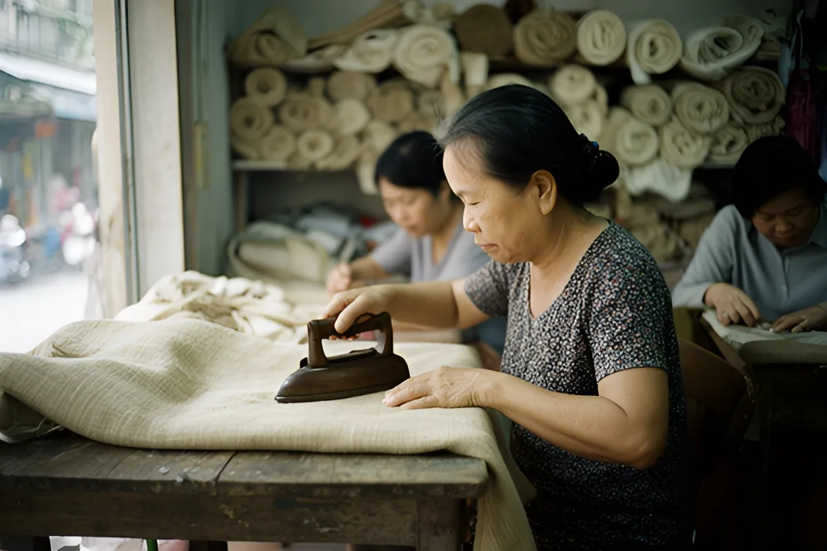 Thợ may Hà Nội ủi tấm vải gai thô chưa nhuộm trên bàn gỗ trong tiệm nhỏ đầy cuộn vải