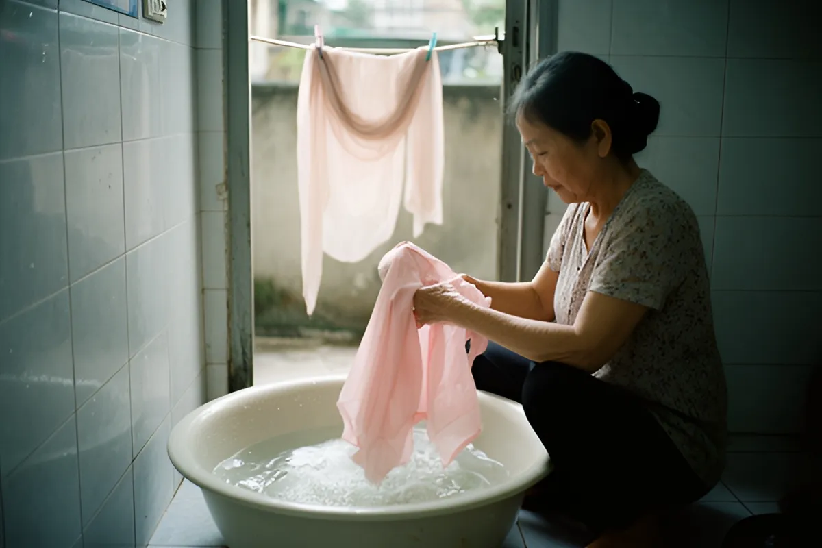 Một phụ nữ lớn tuổi ngồi xổm bên chậu nước trong nhà tắm lát gạch, tay vò một chiếc áo hồng nhạt