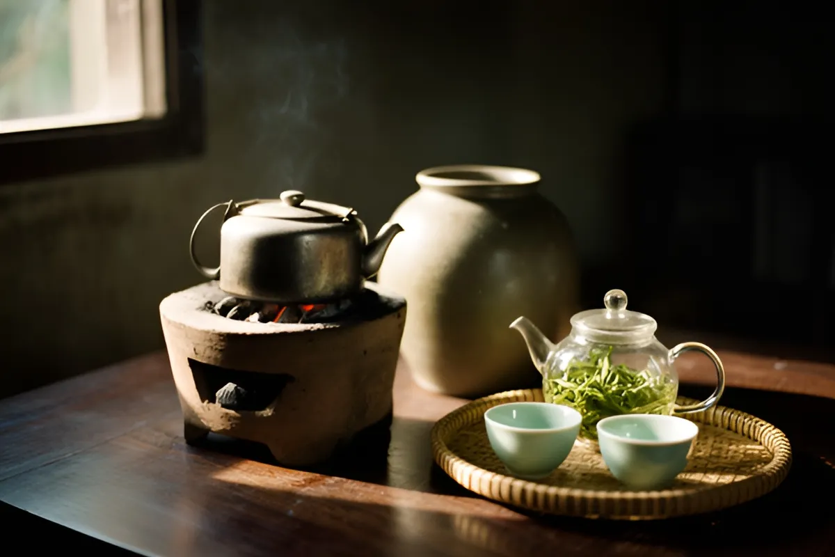 Bàn gỗ tối với bếp than đất nhỏ, ấm kim loại bốc khói nhẹ, vại gốm