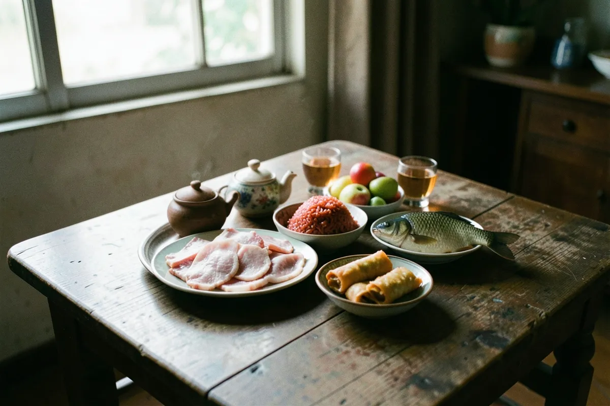 Bàn gỗ thấp trong nhà bày đĩa thịt thái, chén gạo đỏ, chén cá chép, quả, ấm chén và hai ly rượu dưới ánh sáng ban ngày