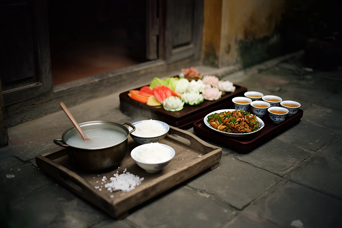 Ba khay mâm cúng đặt trên nền đá sân nhà, có nồi cháo, cơm, muối, trái cây, món mặn và chén trà, ánh sáng chiều mờ