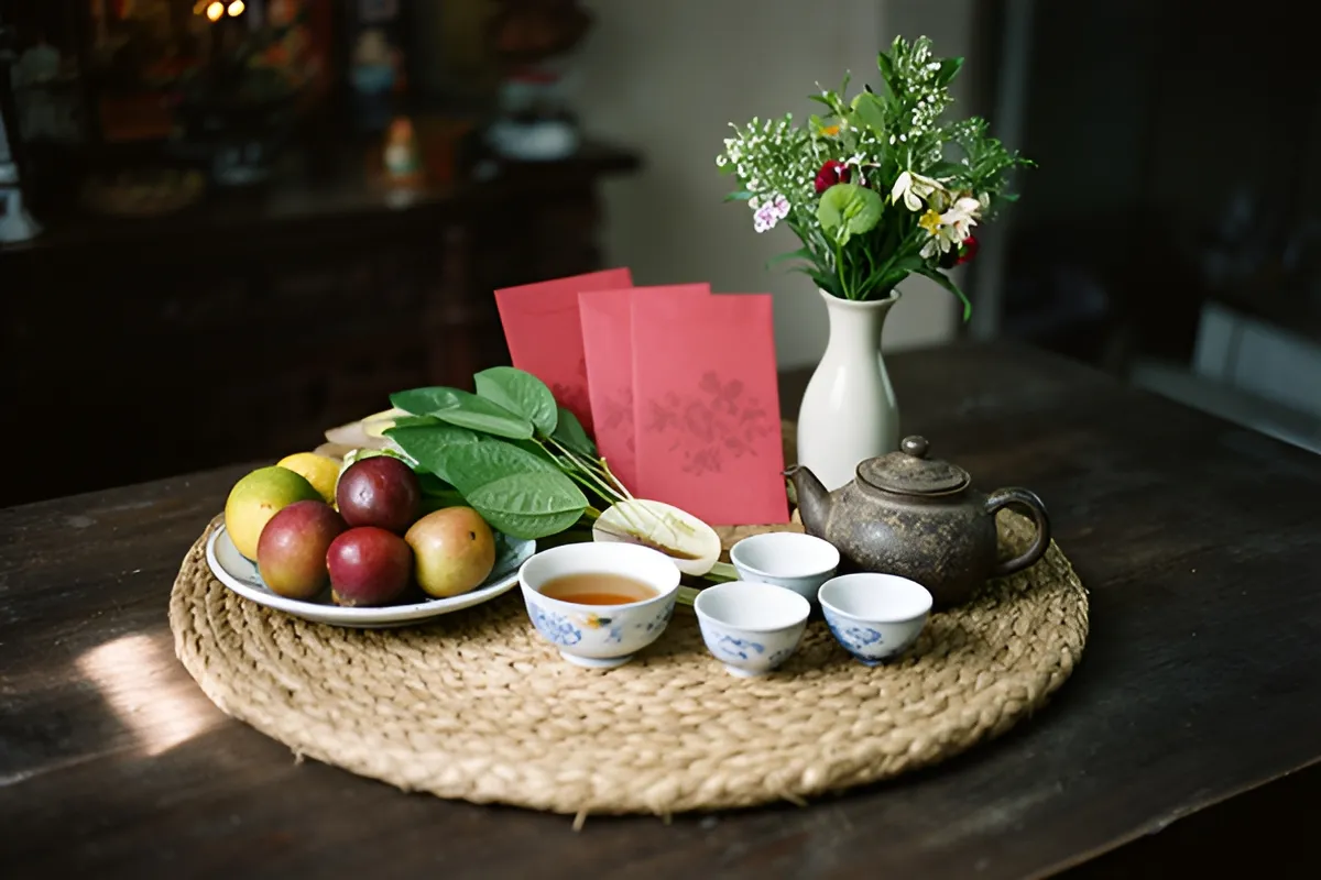 Khay cúng với đĩa trái cây, lá trầu, chén trà, ấm chén, bình hoa và bao đỏ đặt trên chiếu tròn, ánh sáng ban mai dịu