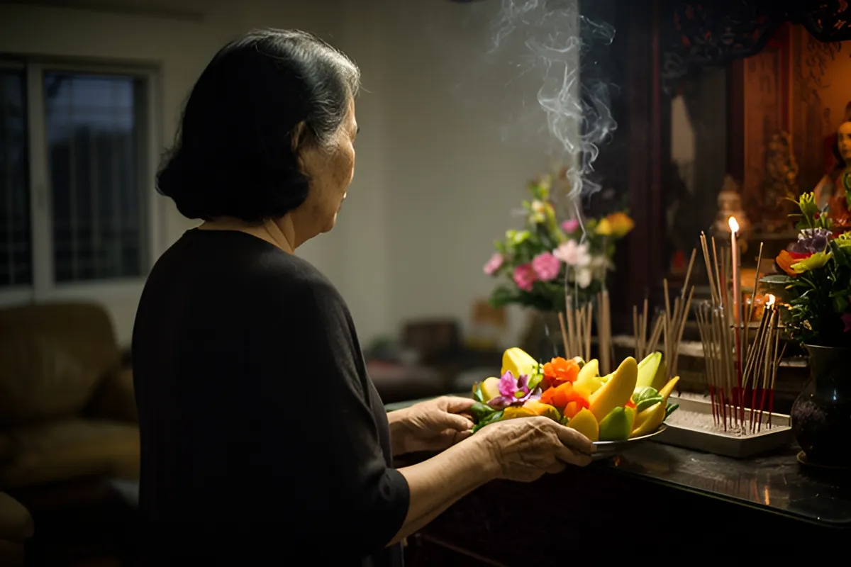 Một bà cụ tóc đen đứng nghiêng, hai tay cầm khay trái cây và hoa đặt lên bàn thờ trong nhà