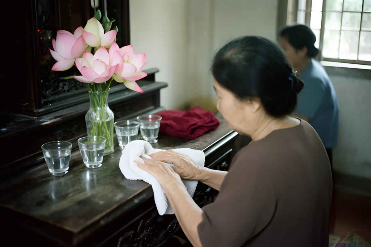 Một bà lớn tuổi lau bàn thờ gỗ bằng khăn trắng, trên bàn có bình hoa sen hồng và vài cốc nước