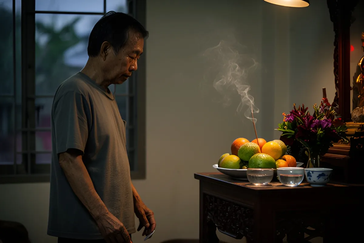 Một ông già đứng nghiêng trước bàn thờ gỗ, nhìn xuống tờ giấy nhỏ trong tay, trên bàn có đĩa quả, chén nước