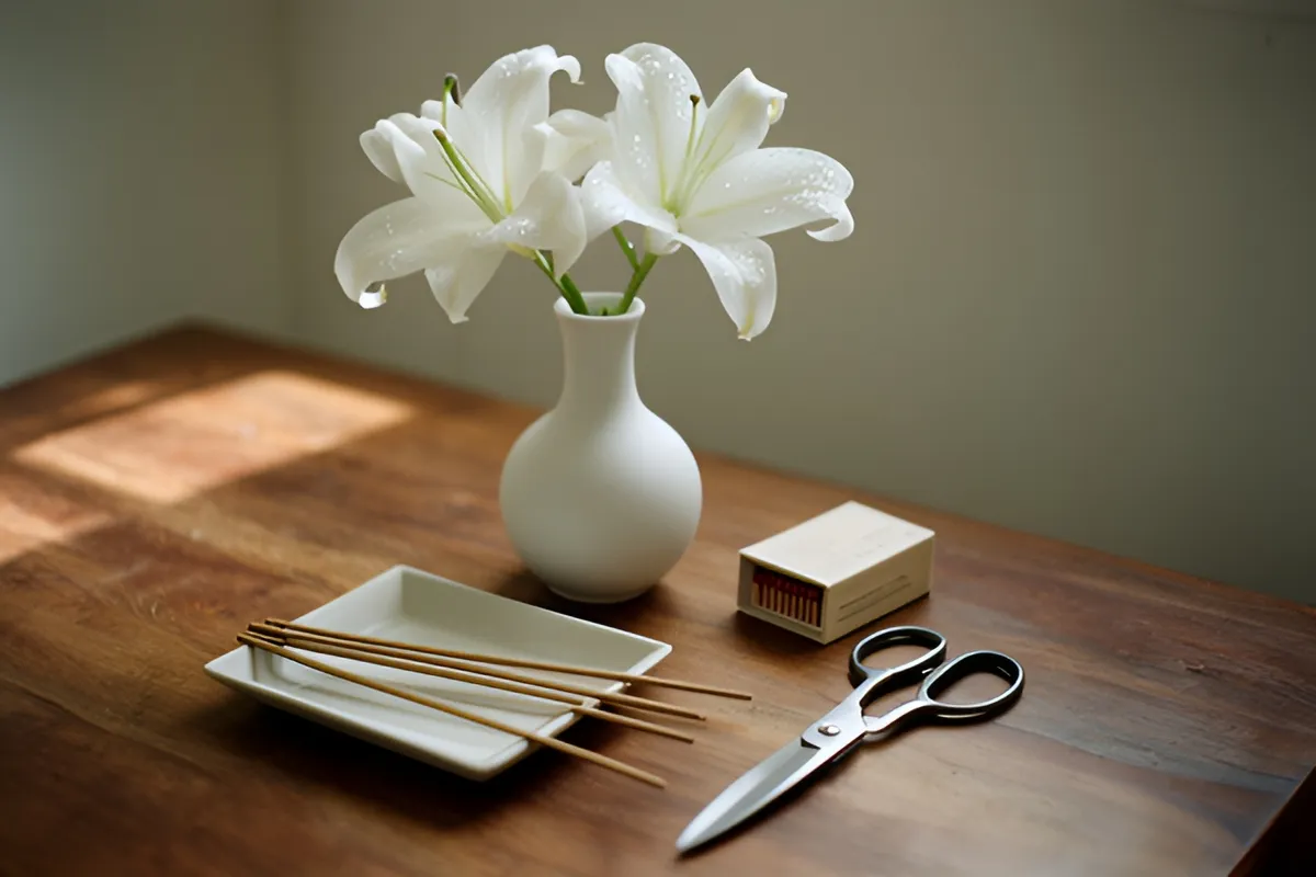 Trên mặt bàn gỗ có bình trắng cắm hoa lily, khay sứ với vài que hương, hộp diêm và một chiếc kéo, ánh sáng ban mai dịu
