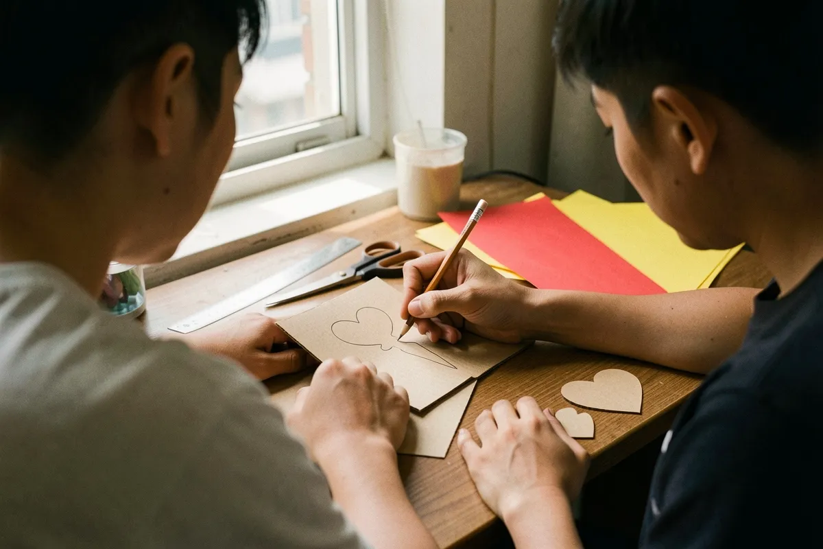 Hai người ngồi bên bàn gỗ gần cửa sổ, một người dùng bút chì vẽ hình tim lên tấm bìa, trên bàn có giấy đỏ, giấy vàng