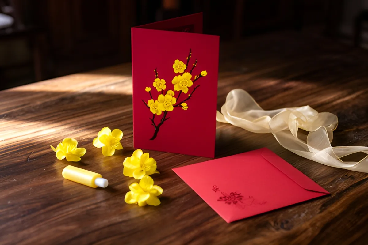 Trên bàn gỗ tối có thiệp đỏ dựng đứng với cành hoa vàng, vài bông hoa giấy nhỏ, một cây keo dán, dải ruy băng và phong bì đỏ