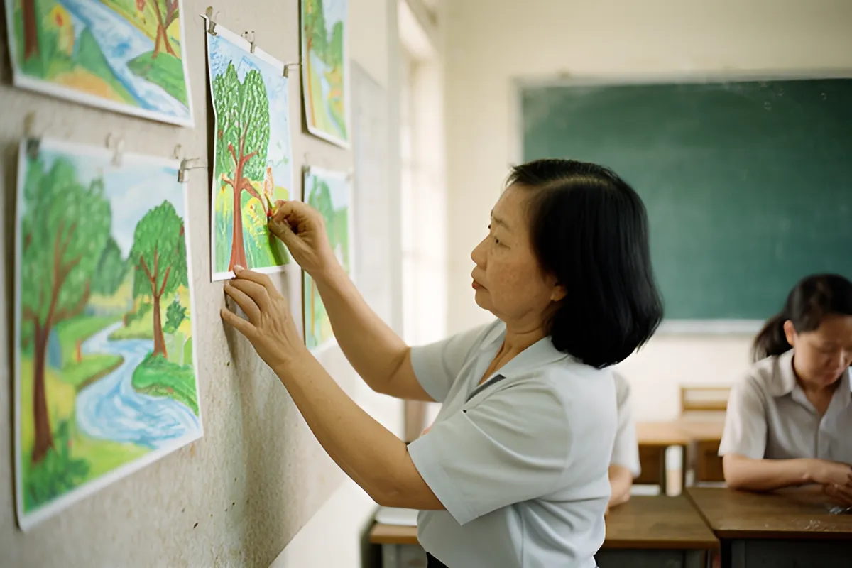 Một phụ nữ trung niên đứng cạnh bảng treo, đang ghim tranh vẽ phong cảnh lên bảng