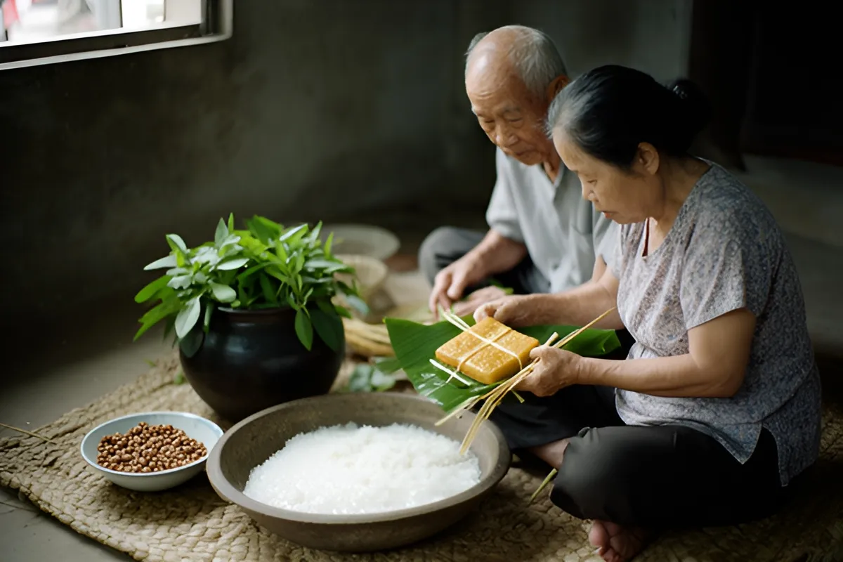 Hai người lớn tuổi ngồi trên chiếu trong nhà, tay đang gói lá quanh một chiếc bánh vuông, cạnh chậu gạo nếp