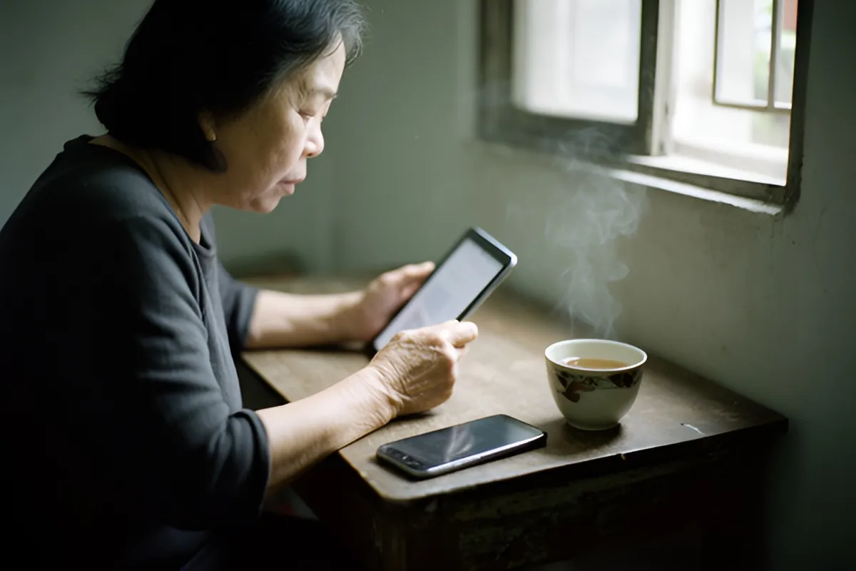 Một phụ nữ ngồi nghiêng bên bàn gỗ nhỏ cạnh cửa sổ, cầm máy tính bảng đọc