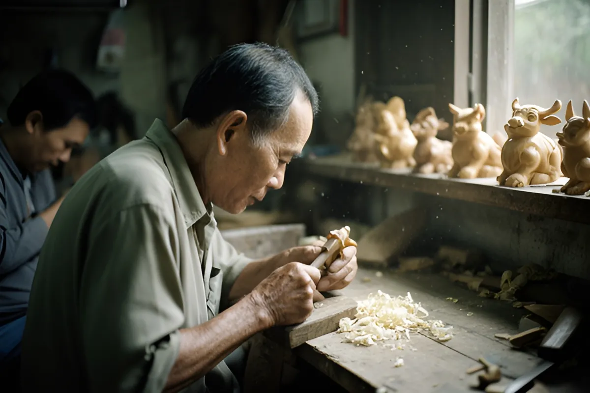 Một người đàn ông trung niên cúi xuống chạm khắc gỗ trên bàn, xung quanh là mùn cưa