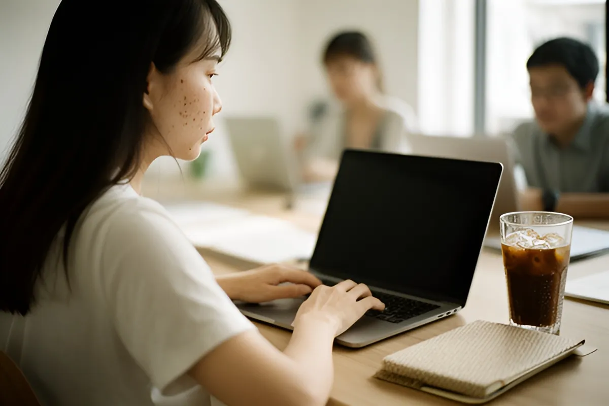 Một phụ nữ trẻ ngồi gõ laptop trên bàn gỗ, cạnh ly cà phê đá và sổ tay, phòng sáng cửa sổ, hai người làm việc phía sau