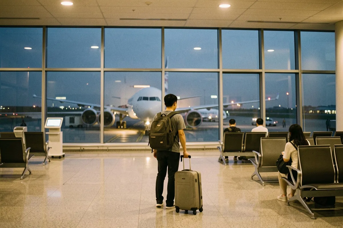 Một người đàn ông đeo ba lô kéo vali đứng giữa sảnh sân bay, ngoài cửa sổ là máy bay, vài người ngồi ghế chờ, ánh đèn ấm
