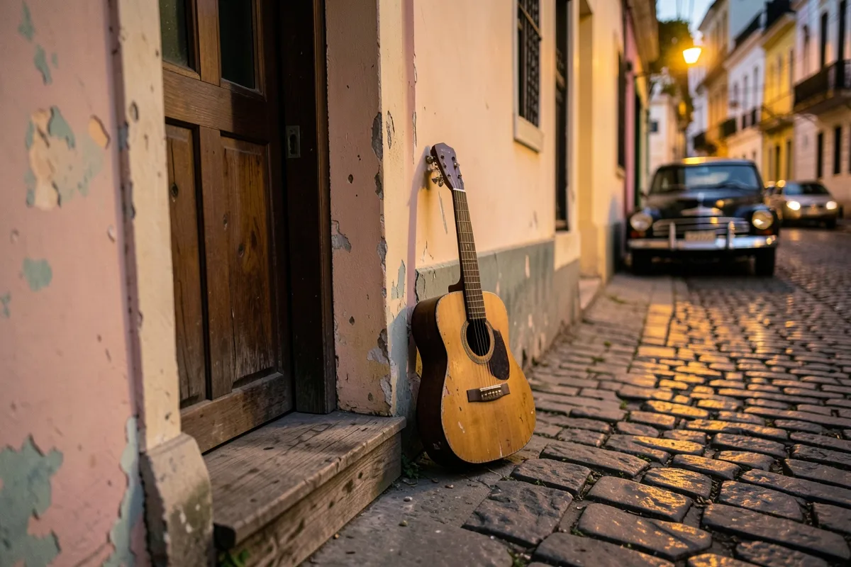Đàn guitar gỗ tựa bức tường bong tróc cạnh cửa gỗ, đường lát đá cuội và xe hơi mờ trong ánh đèn vàng buổi tối