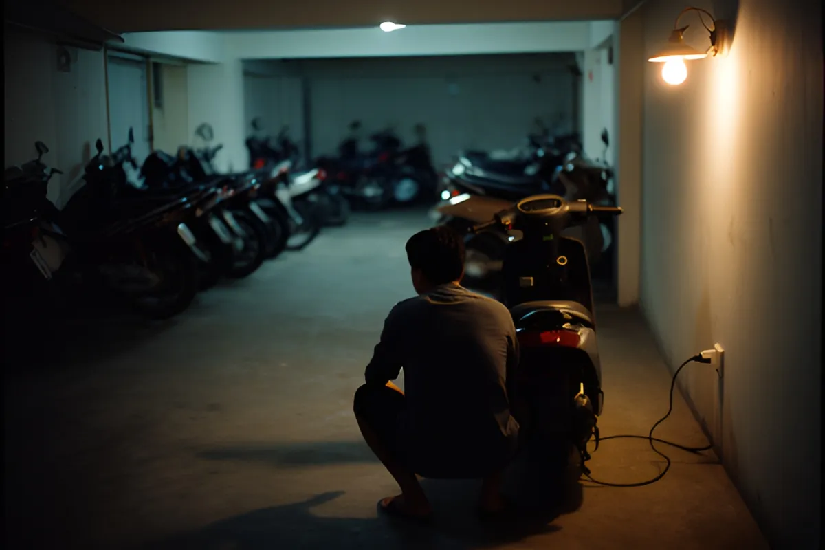Một người đàn ông ngồi xổm lưng quay về phía máy cạnh chiếc xe scooter điện, dây sạc cắm vào ổ điện trên tường