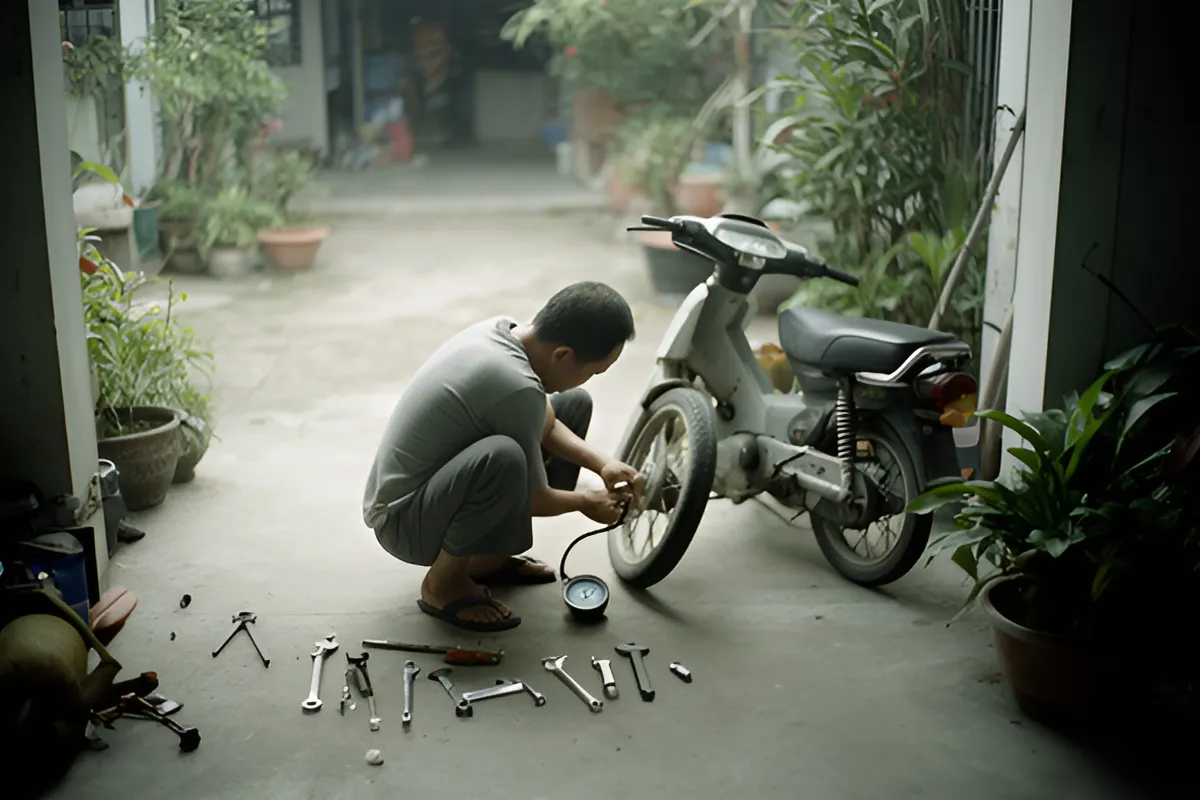 Một người đàn ông mặc áo xám ngồi xổm bên xe máy nhỏ, dùng đồng hồ đo áp suất lốp ở bánh trước, dụng cụ rải trên nền xi măng