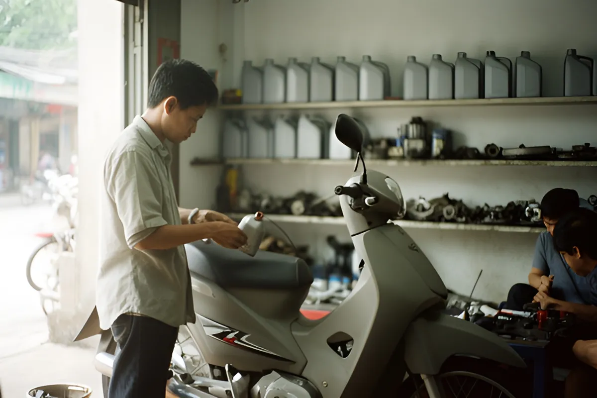 Một người đàn ông đứng cạnh xe ga trong tiệm sửa xe, rót dầu từ can nhỏ, hai người khác ngồi làm việc bên bàn