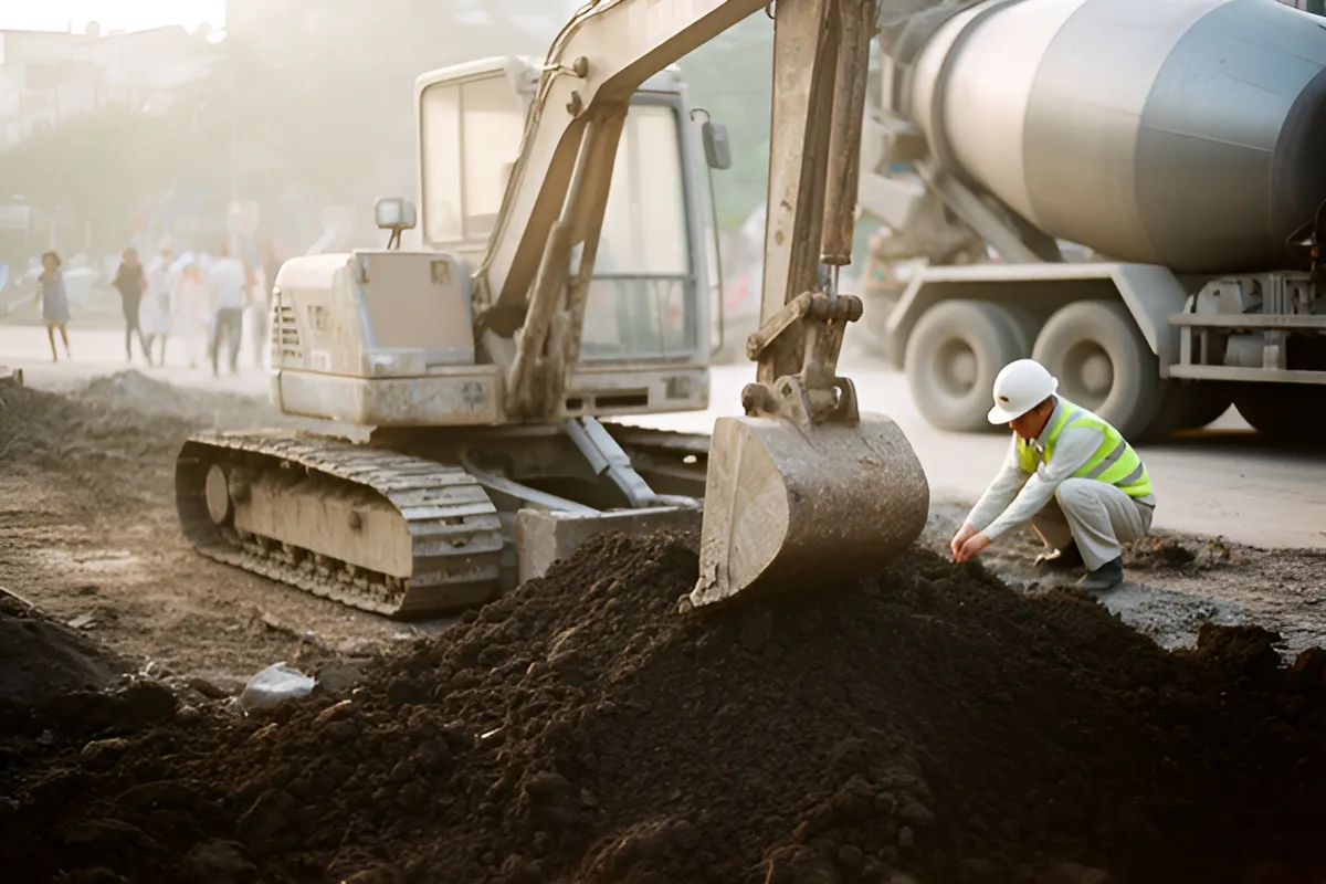Một công nhân đội mũ bảo hộ và áo phản quang ngồi xổm kiểm tra gối đất cạnh gầu của một máy đào bánh xích
