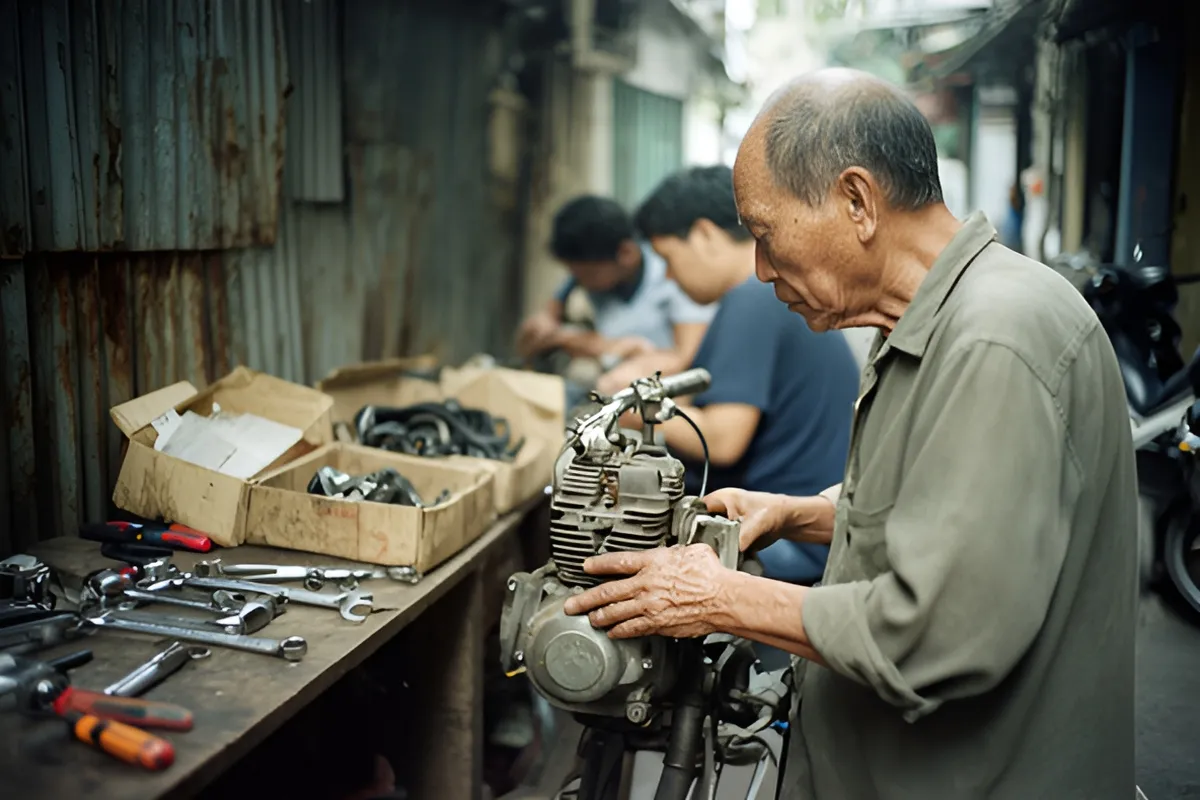 Một ông già trần trụi áo xám đang cầm chặt động cơ trên giá, hai người đàn ông ngồi phía sau