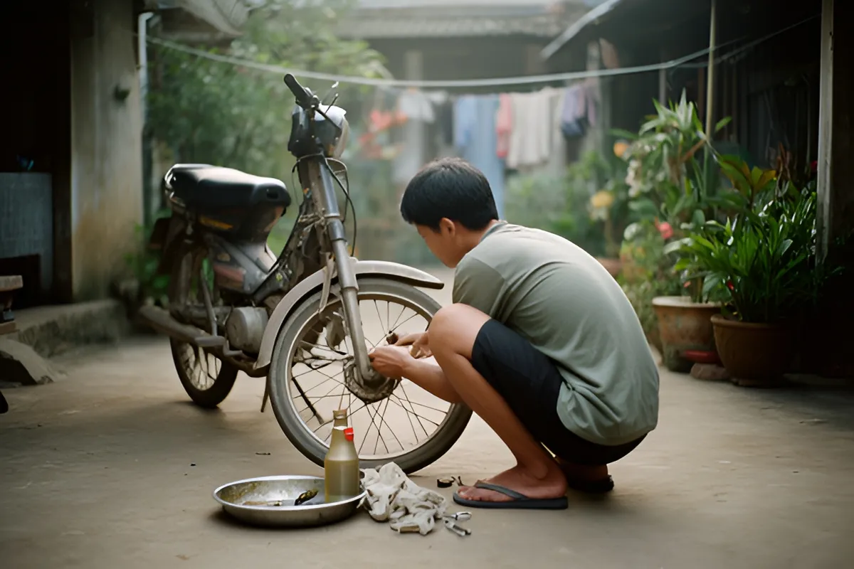 Một thanh niên nam mặc áo xanh xám ngồi xổm kiểm tra bánh trước xe máy cũ trong sân nhà, bên cạnh có khay kim loại