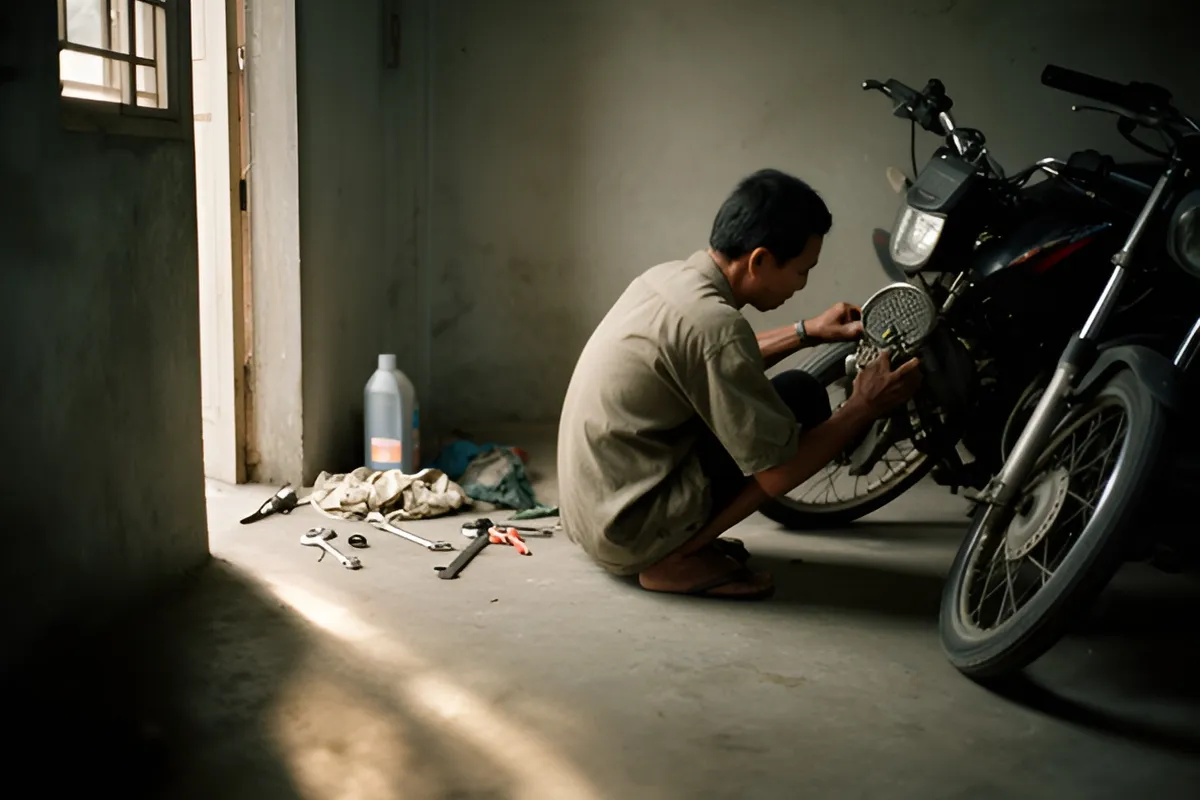 Một người đàn ông mặc áo sơ mi ngồi xổm trong nhà xe, tay mò quanh phần trước của chiếc xe máy, bên cạnh có bình nước lớn