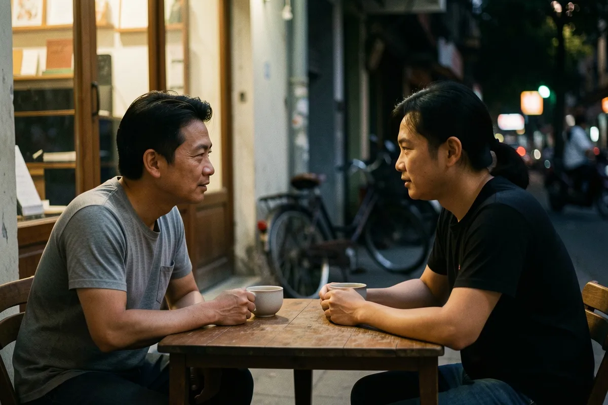 Hai người ngồi đối diện nhau bên bàn gỗ nhỏ, mỗi người một tách trà, ánh sáng ấm từ cửa hàng phía sau, xe đạp mờ ở nền