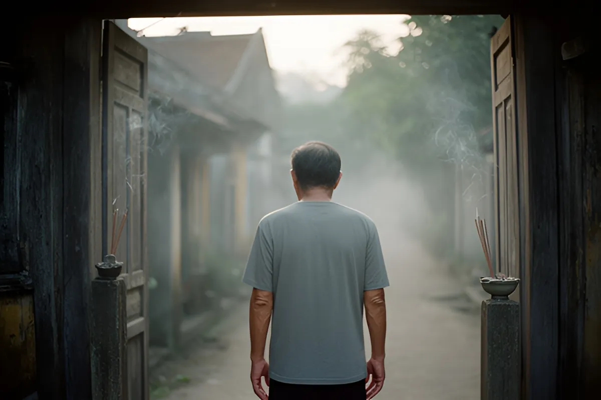 Một người đàn ông đứng quay lưng lại ở cổng gỗ, hai bên trụ cổng có bát nhang đang tỏa khói, con đường làng mờ sương buổi sớm