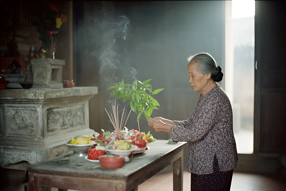 Một bà lão tóc bạc đứng nghiêng bên bàn gỗ đặt lễ vật, tay cầm cành lá xanh, khói hương bay lên trong không gian cổ kính