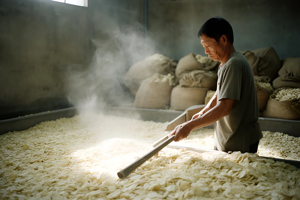 Một người đàn ông đứng nghiêng trong xưởng, hai tay cầm một thanh gỗ dài khuấy đống lát mỏng màu trắng ngà trải trên sàn