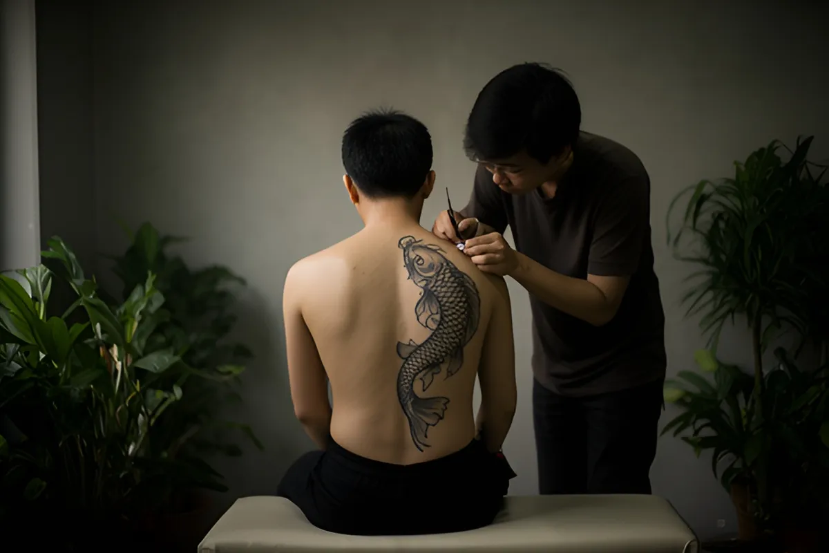 Hai người đàn ông trong phòng, một người ngồi quay lưng trần trên ghế, người kia cúi xuống xăm hình con cá lên lưng