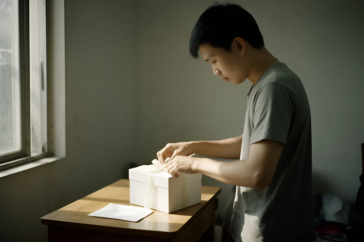 Một thanh niên đứng cạnh bàn gỗ trong phòng đơn giản, cúi nhìn và thắt dải ruy băng quanh hộp quà trắng