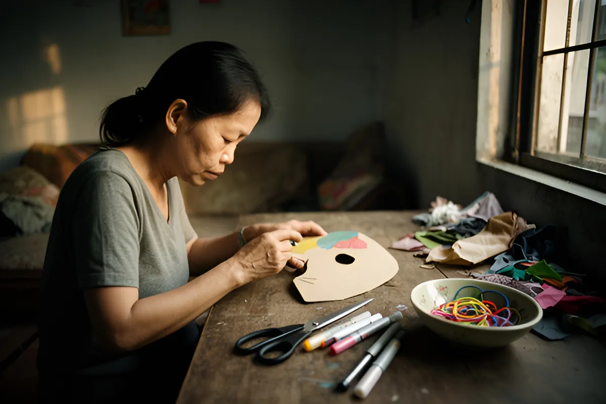 Một phụ nữ ngồi nghiêng bên bàn gỗ trong phòng tối, đang tô màu lên tấm bìa cắt hình, trên bàn có kéo, bút màu