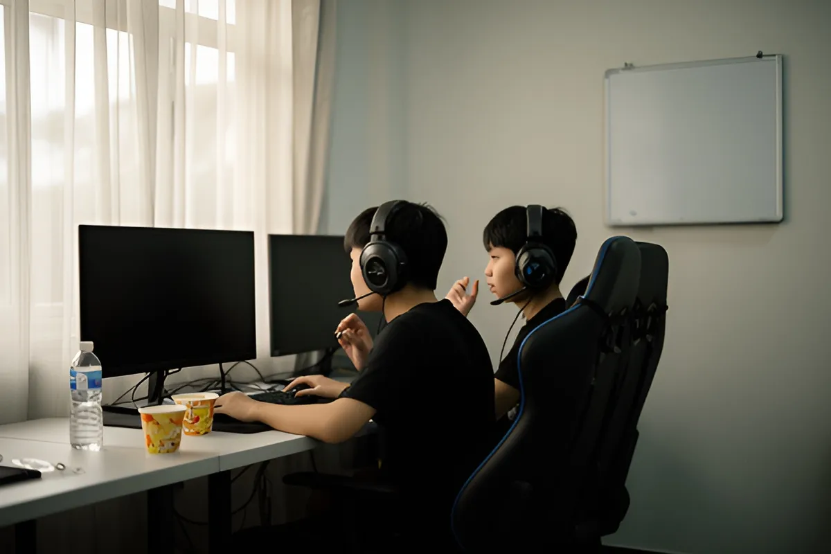 Hai người trẻ đeo tai nghe ngồi cạnh nhau trước màn hình máy tính trong phòng có rèm cửa và bảng trắng