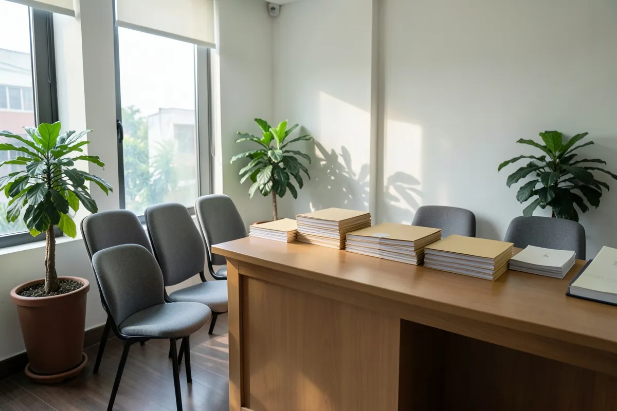 Bàn gỗ dài xếp chồng hồ sơ, hàng ghế trống và chậu cây đặt dọc tường trong phòng sáng nhờ ánh nắng cửa sổ