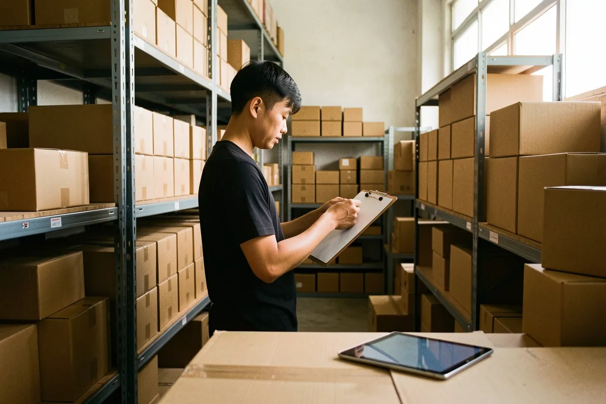 Một người đàn ông mặc áo đen đứng giữa các kệ hộp, cầm bảng ghi chú, trên bàn có một máy tính bảng, ánh sáng từ cửa sổ