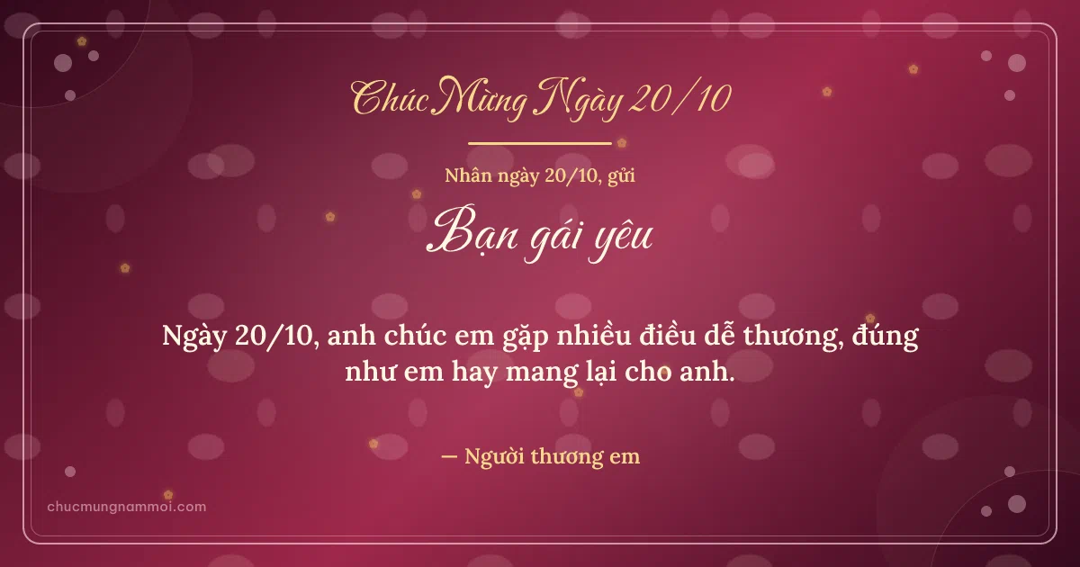 Thiệp ngày 20/10 cho bạn gái: Hoa vàng trên nền hồng đào. Ngày 20/10, anh chúc em gặp nhiều điều dễ thương… (Bản ngang)